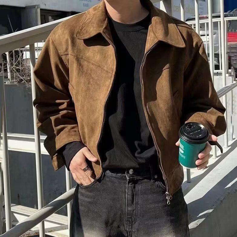 Collared Plain Zip-Up Faux Suede Jacket Product Image