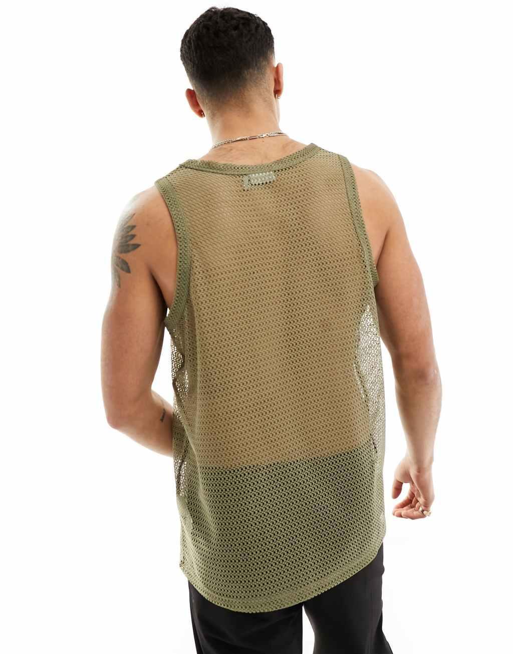 ASOS DESIGN relaxed neck open mesh tank top in khaki  Product Image