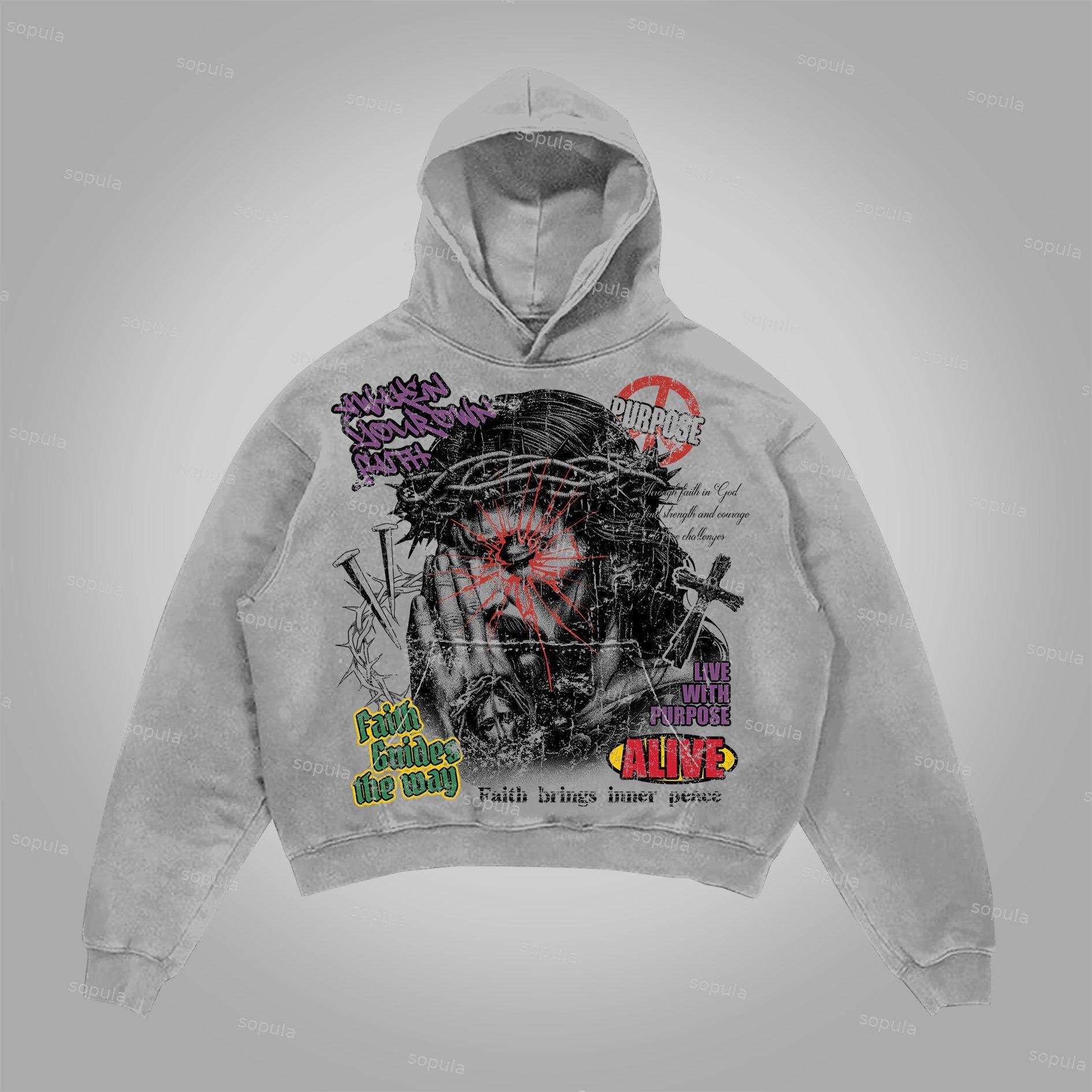 Sopula Pray For Jesus The Meaning Of Life Vintage Graphics Cotton Pocket Hoodie Product Image