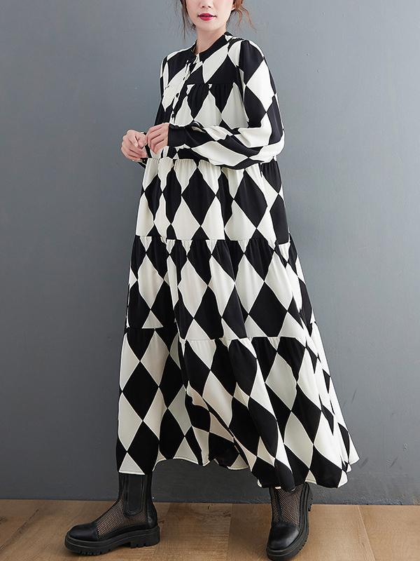 A-Line Long Sleeves Buttoned Plaid Polo Midi Dresses Product Image