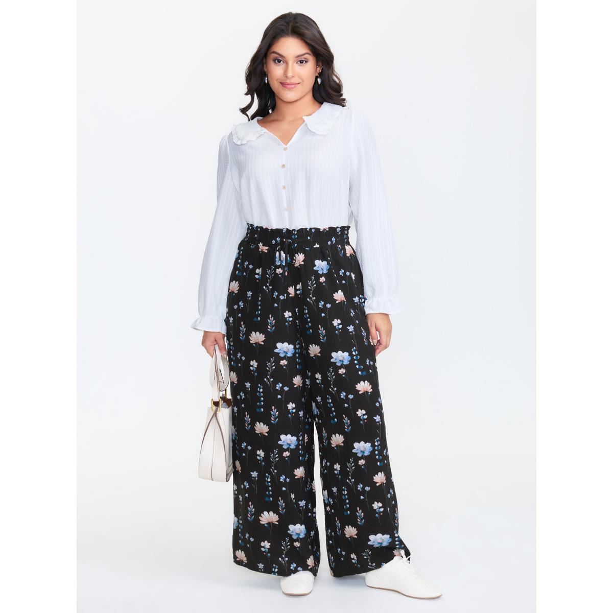 Plus Size Floral Print Drawstring Waist Loose Fit Pants Women BlackFlower Leisure Straight Leg Mid Rise Casual Pants BloomChic 18-20/2X Product Image