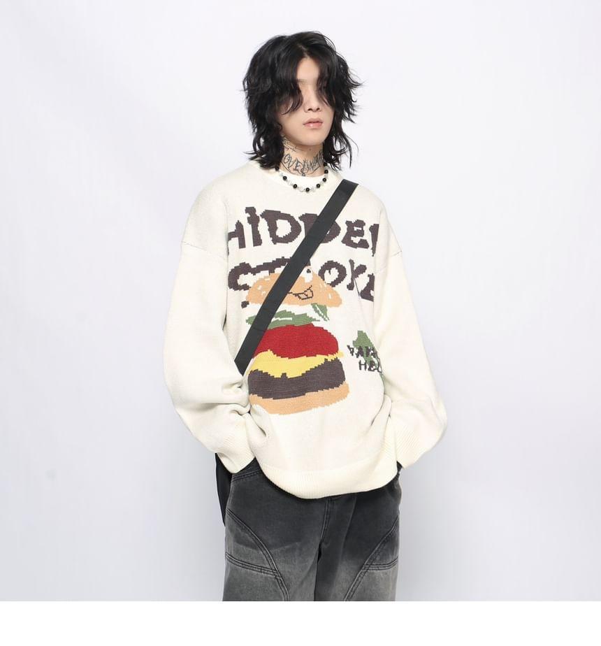 Crew Neck Lettering Hamburger Print Sweater Product Image