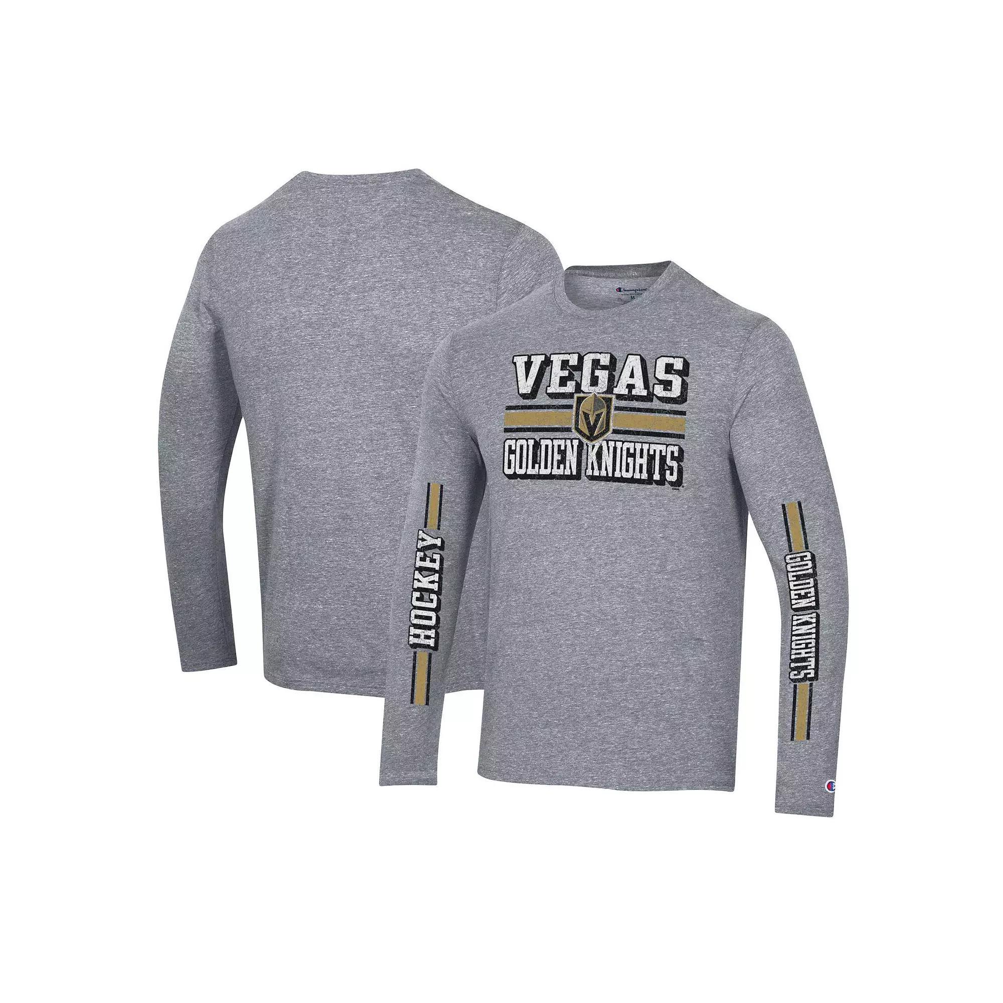 Men's Champion Heather Gray Vegas Golden Knights Tri-Blend Dual-Stripe Long Sleeve T-Shirt,  Product Image