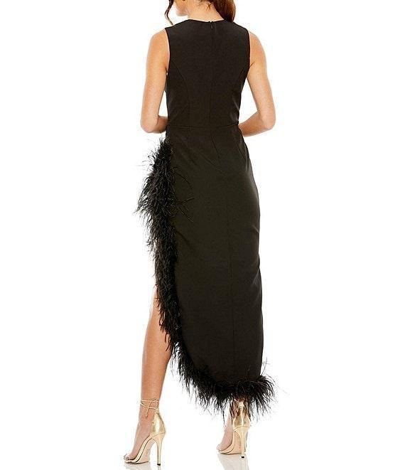 Mac Duggal Crew Neck Sleeveless High-Low Hem with Feather Trim Product Image