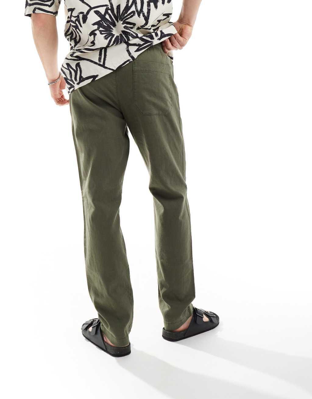 ASOS DESIGN slim linen look pants in khaki with elasticated waist Product Image