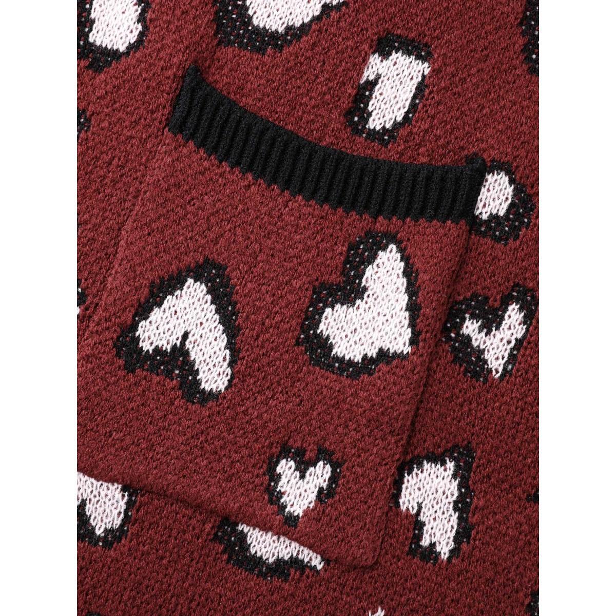 Plus Size Hearts All Over Open Front Contrast Cardigan Deepred Women Leisure Loose Long Sleeve Casual Cardigans BloomChic 30/6X Product Image