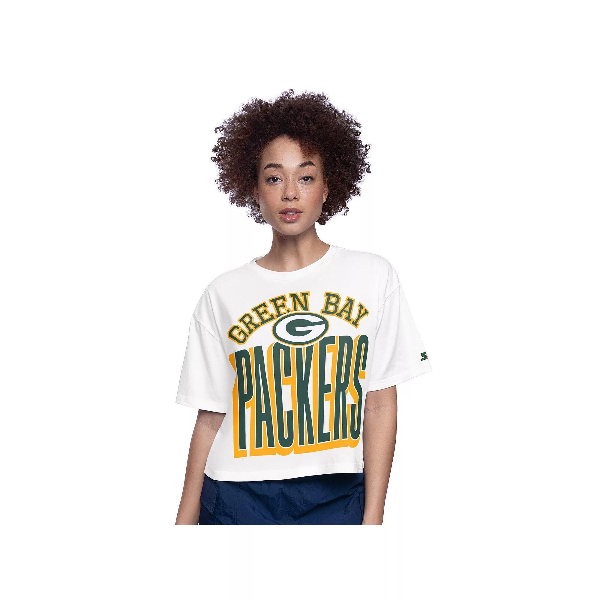 Women's Starter  White Green Bay Packers Play the Ball Boxy Cropped T-Shirt, Size: 2XL Product Image