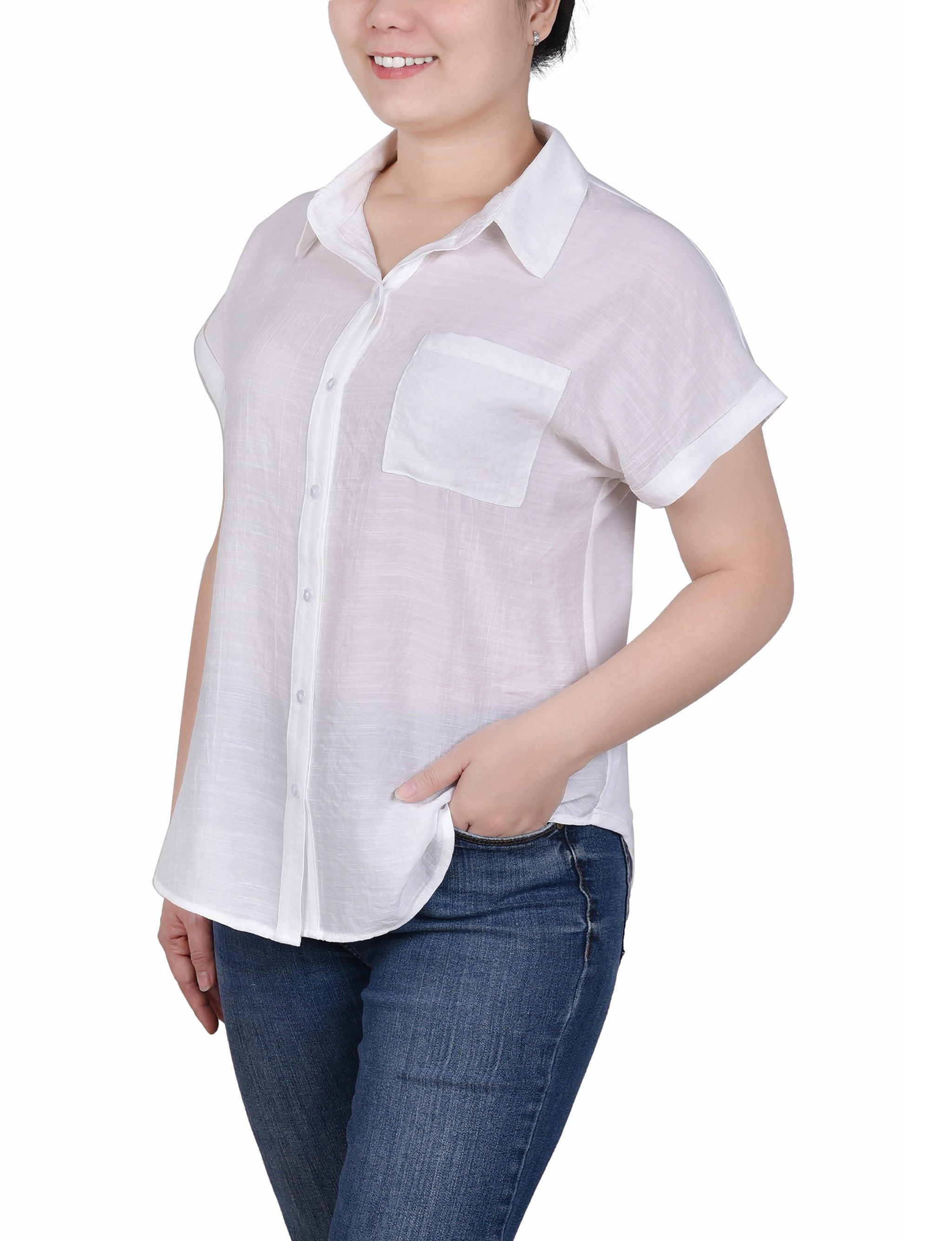 Short Sleeve Woven Front/Jersey Back Blouse - Petite Product Image