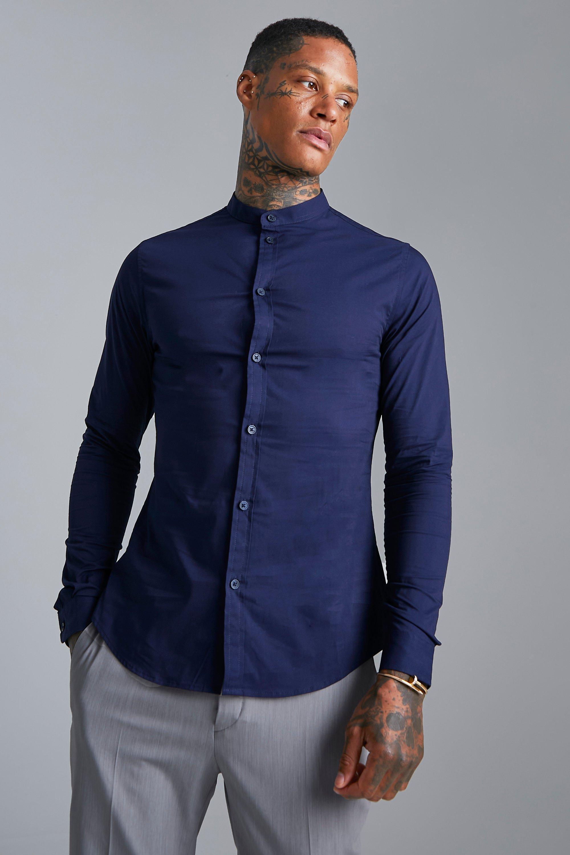 Mens Navy Long Sleeve Grandad Collar Slim Shirt, Navy Product Image