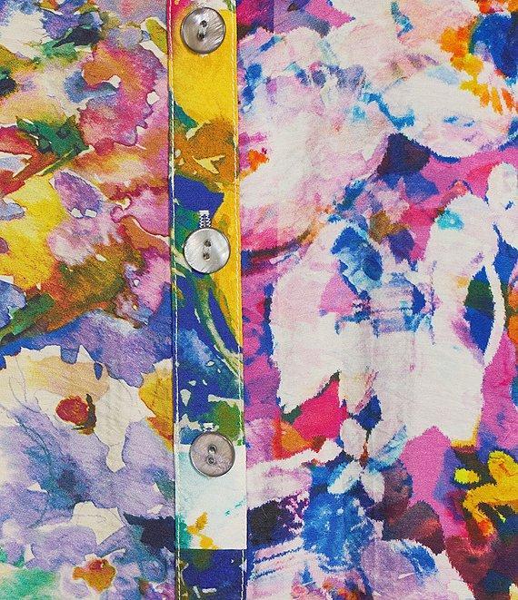 John Mark Mixed Floral Print Woven Wire Collar 3/4 Roll Tab Sleeve Button Front Top Product Image