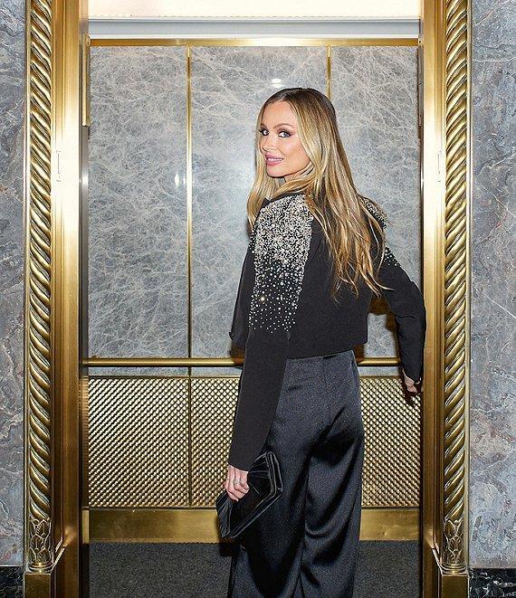 Muse by Marchesa Moonflower Crepe Jeweled Beaded Pearl Notch Lapel Long Sleeve Button Front Cropped Coordinating Blazer Product Image