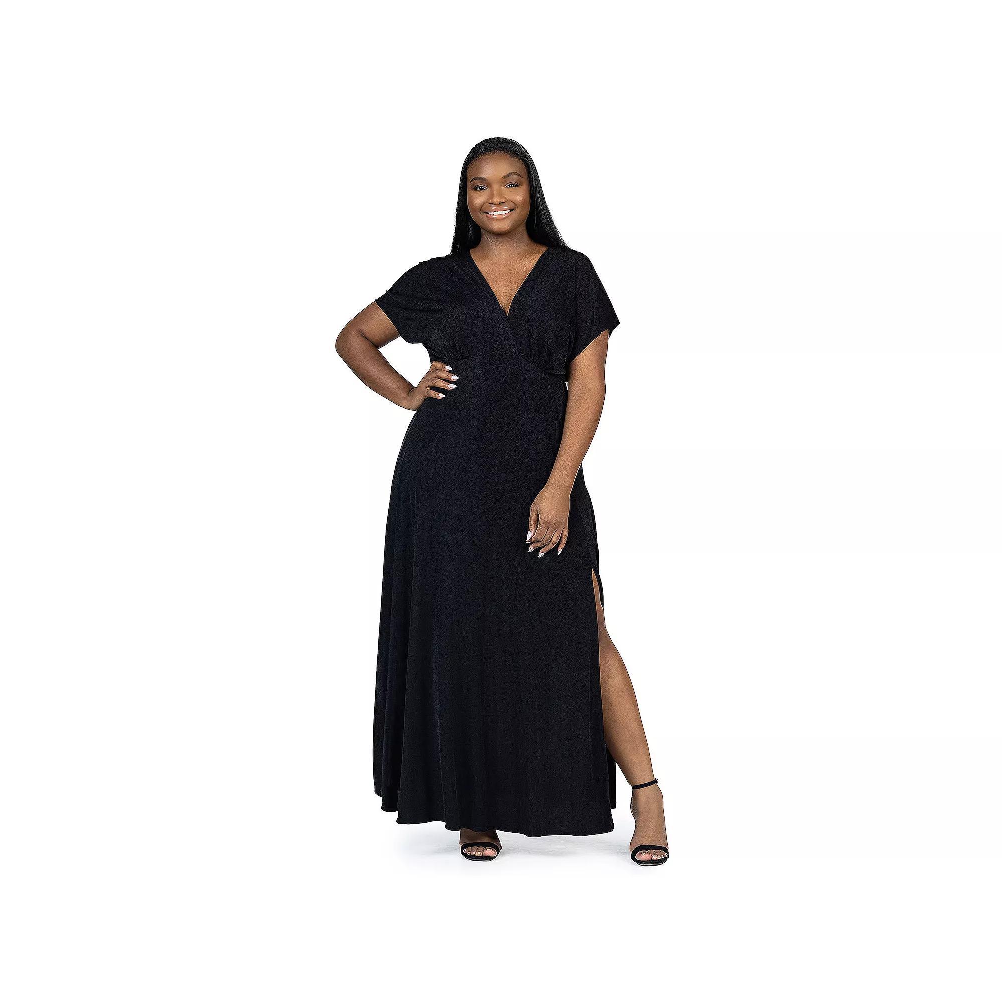 Plus Size 24Seven Comfort Apparel Flutter Sleeve Metallic Knit Maxi Dress Front Slit Empire Waist, Women's, Size: 3XL, Black Product Image