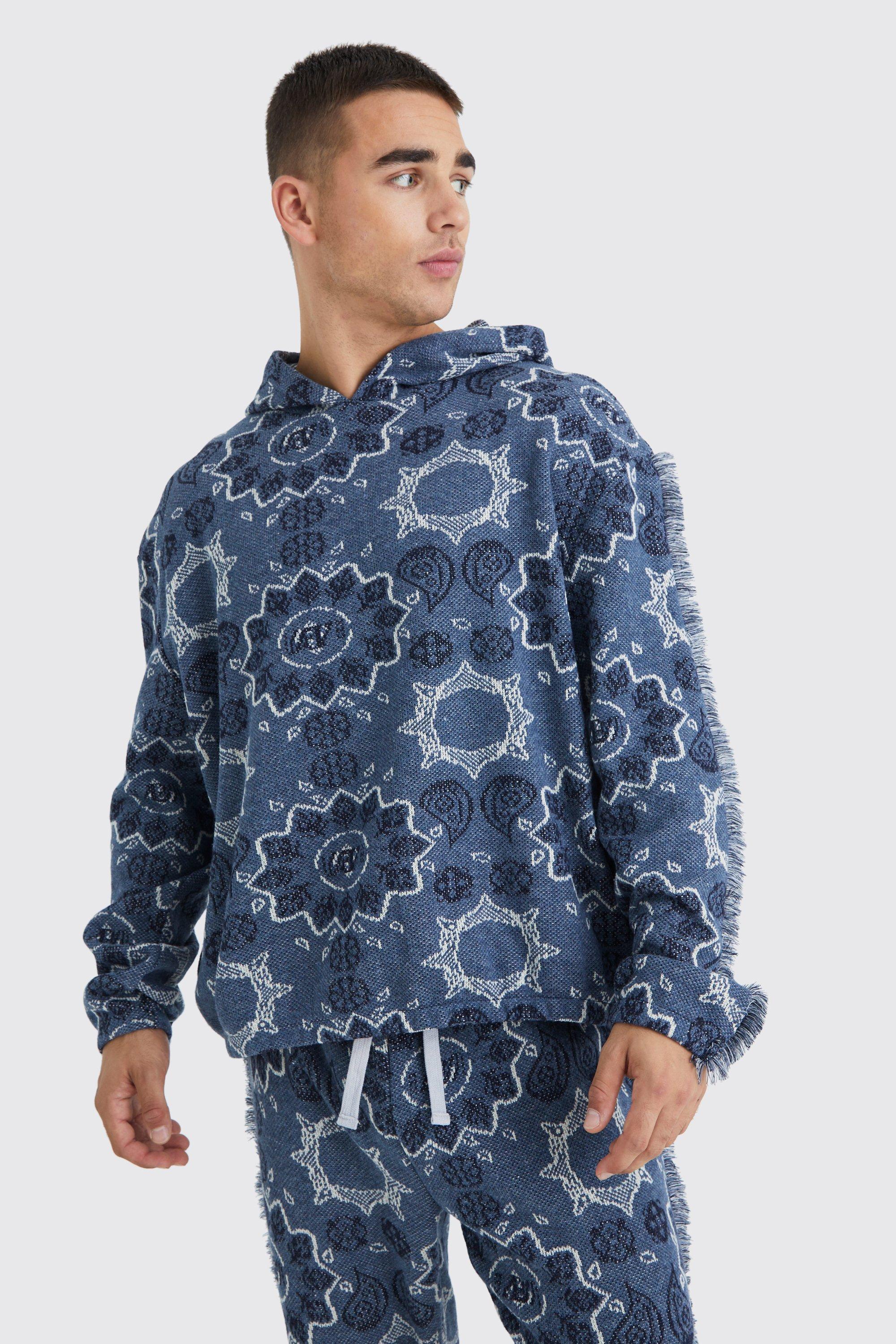 Oversized Fringed Heavyweight Jacquard Tapestry Hoodie | boohooMAN USA Product Image