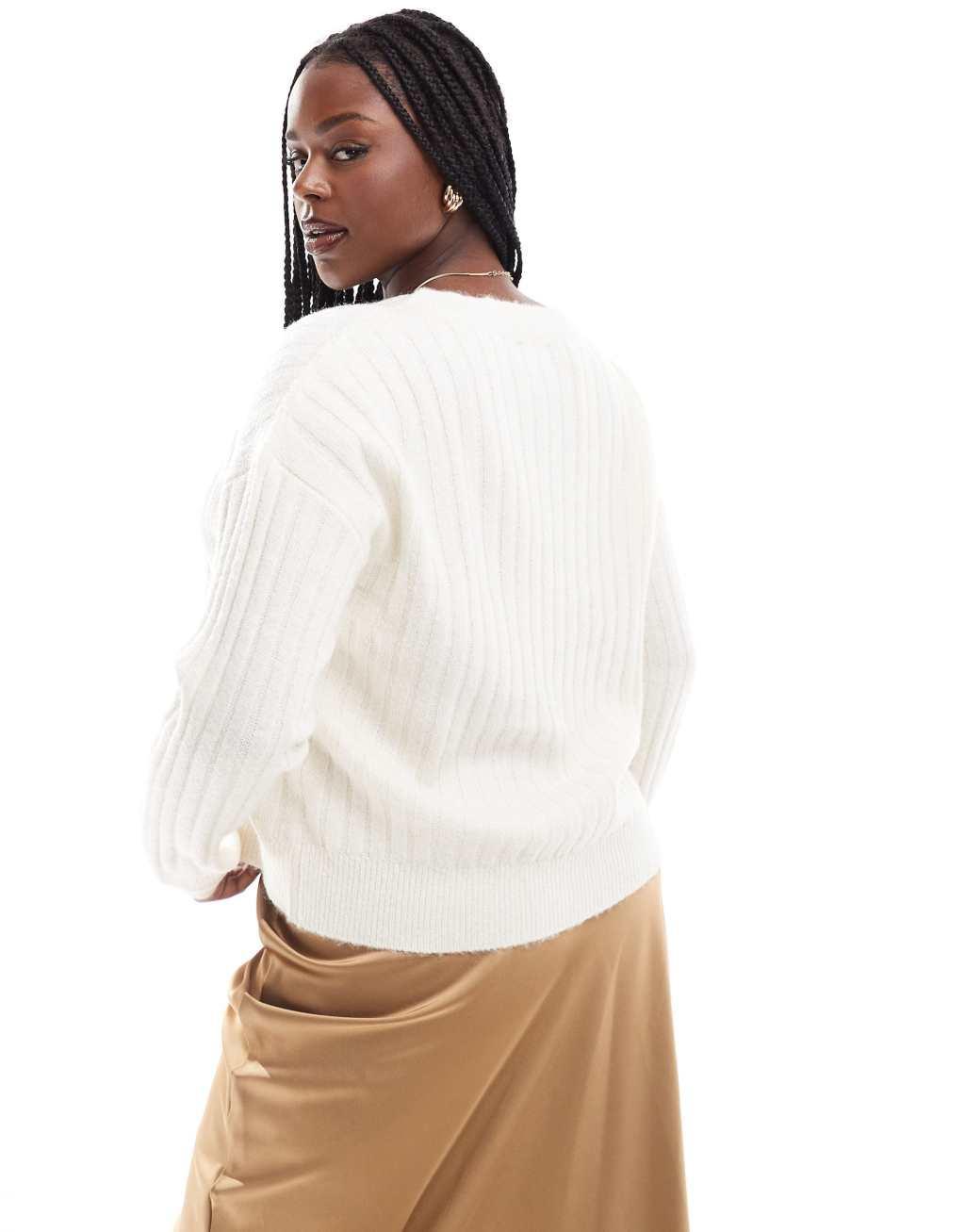 ASOS DESIGN Curve v neck ribbed sweater in cream Product Image