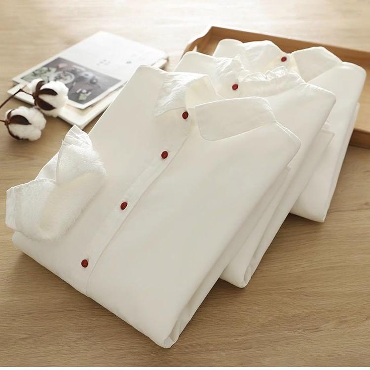 Puff-Sleeve Plain Ruffle Trim Button-Up Shirt Product Image