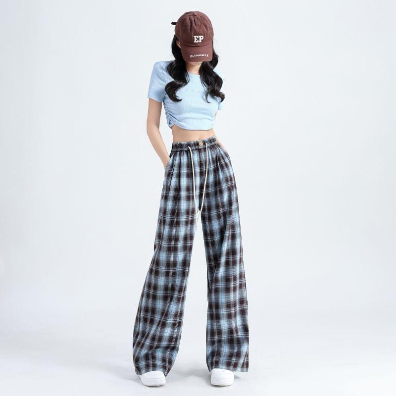 Drawstring Waist Plaid Wide Leg Pants Product Image