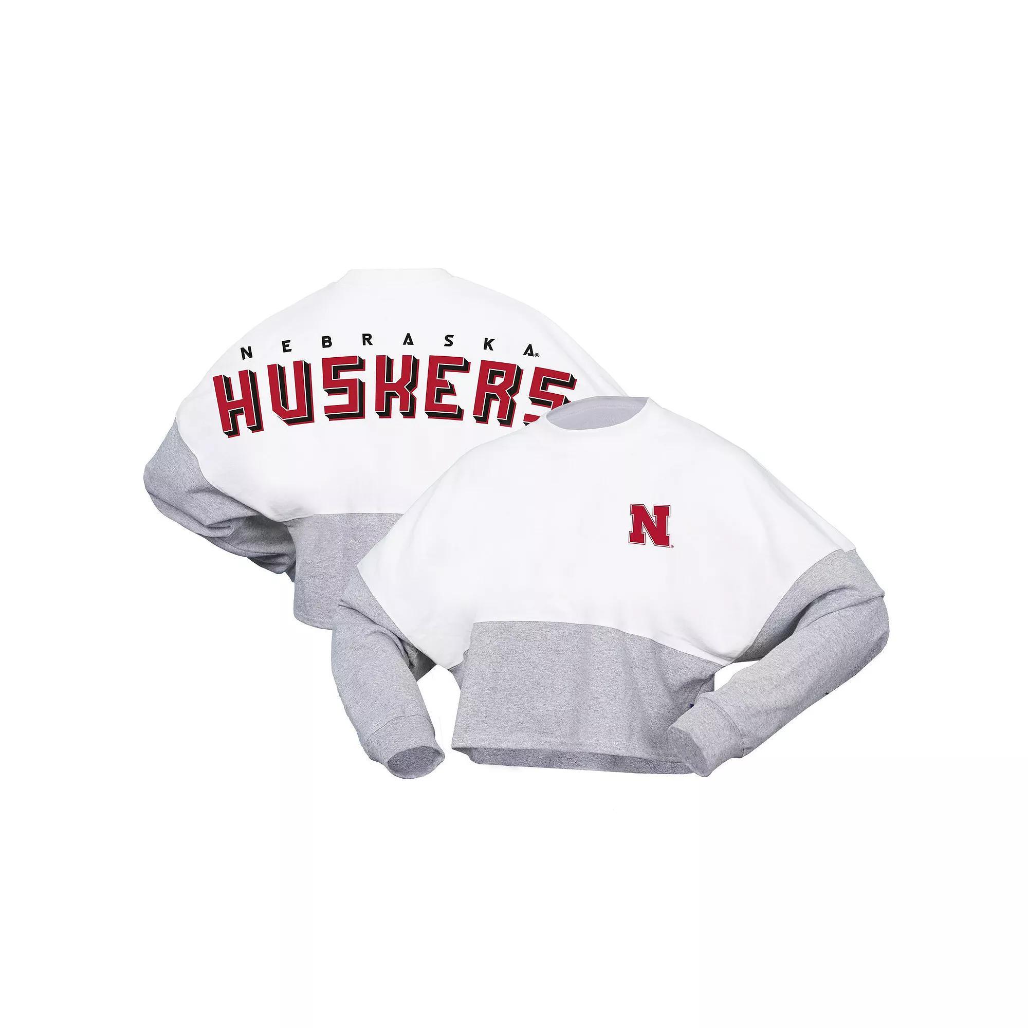 Women's Spirit Jersey White Nebraska Huskers Heather Block Cropped Long Sleeve Jersey T-Shirt,  Product Image