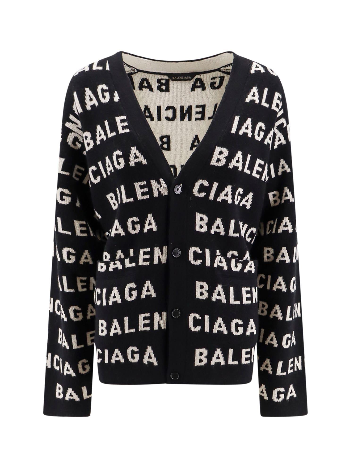 BALENCIAGA Logo Intarsia Wool Cardigan In Black,white Product Image