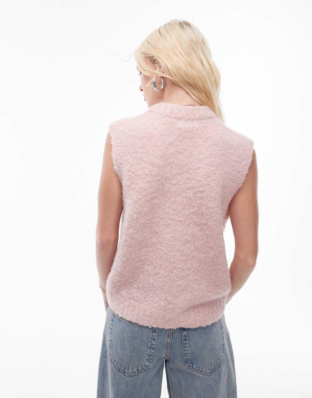 Topshop knitted crew boucle tank top in light pink Product Image