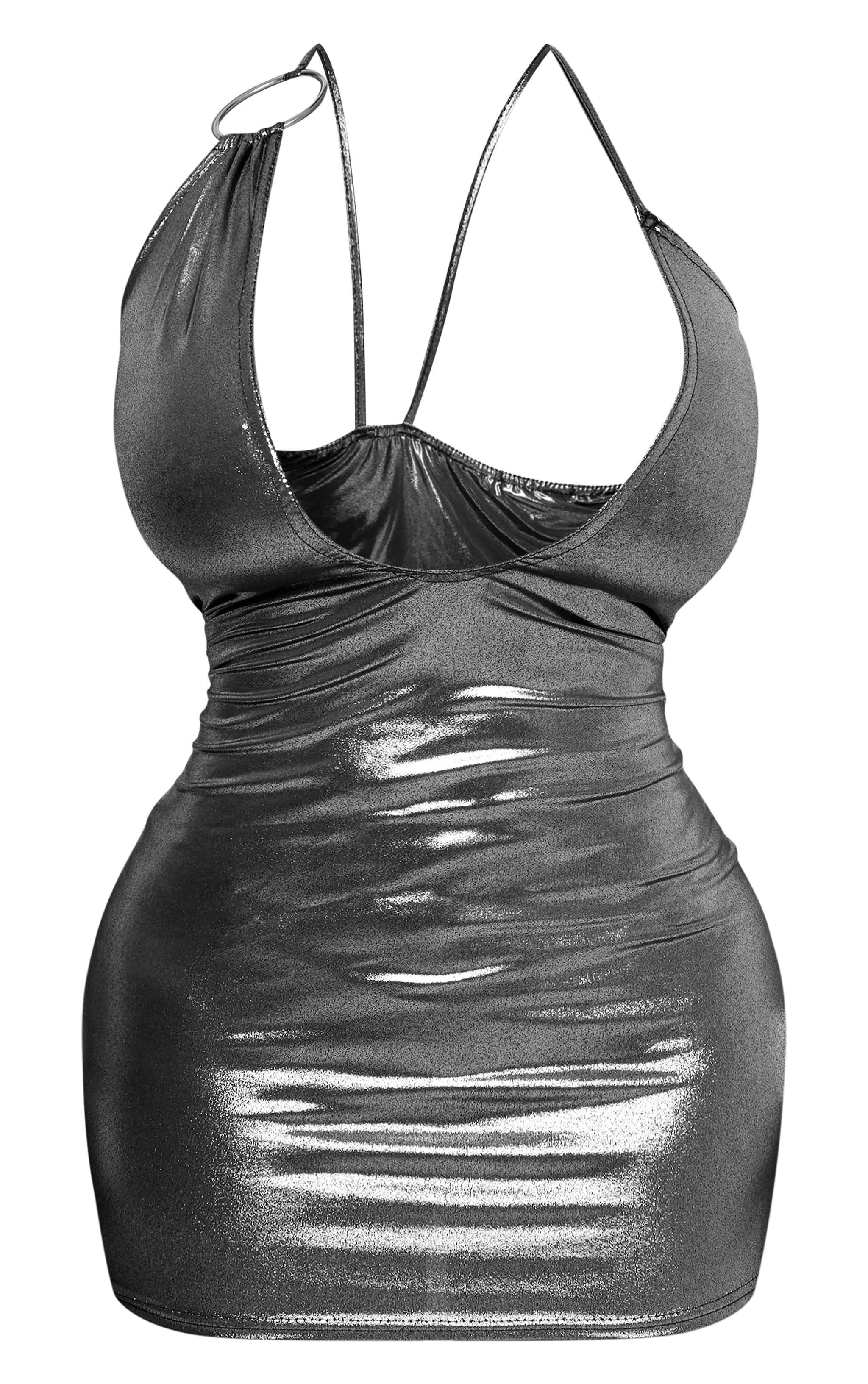 Shape Silver Metallic Ring Detail Plunge Bodycon Dress Product Image