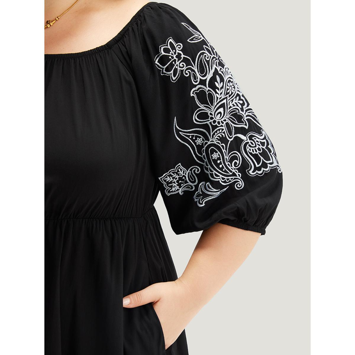 Plus Size Floral Embroidered Pocket Square Neck Lantern Sleeve Dress Black Women Vacation Adjustable Straps Square Neck Half Sleeve Curvy Midi Dress BloomChic 18-20/2X Product Image
