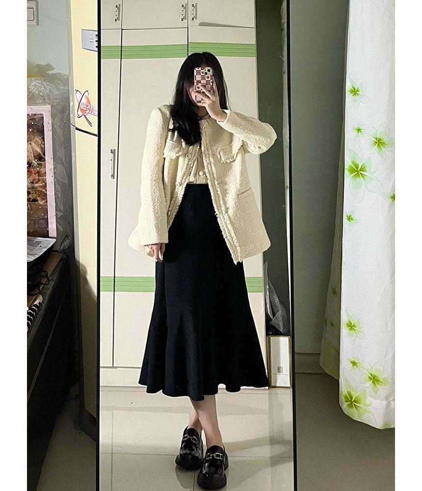 High Waist Plan Ruffle Hem Midi A-Line Skirt Product Image