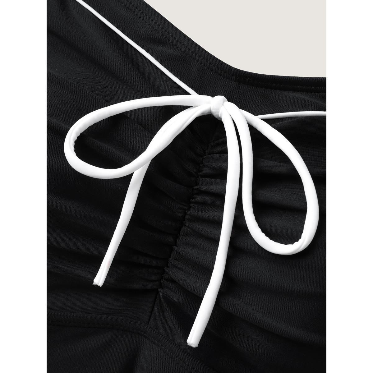 Plus Size Lace Bow-Tie Color Contrast Swim Top Women's Swimwear Black Beach High stretch Skinny Heart neckline Curve Swim Tops BloomChic 28/5X Product Image