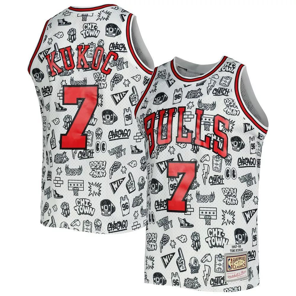 Men's Mitchell & Ness Toni Kukoc White Chicago Bulls 1997-98 Hardwood Classics Doodle Swingman Jersey, Size: Small Product Image