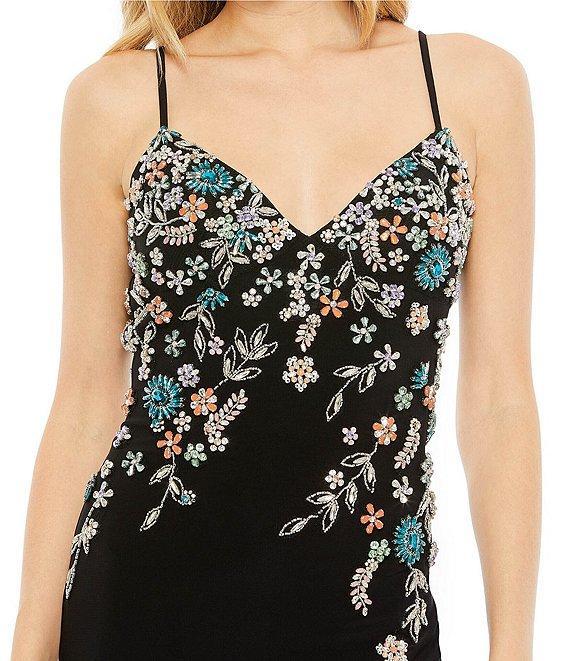 Mac Duggal Multi Color Floral Beaded V-Neck Sleeveless Open Back Detail Thigh High Slit Gown Product Image