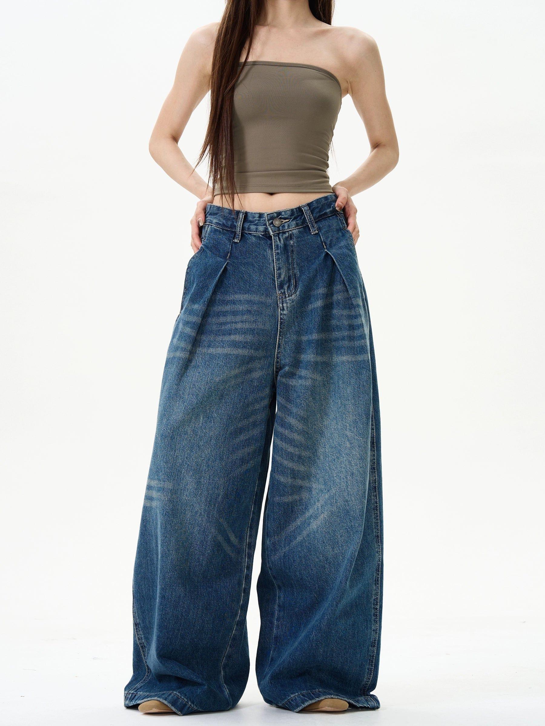 RT No. 12079 PLEATED FOLDED BLUE BAGGY STRAIGHT JEANS Product Image