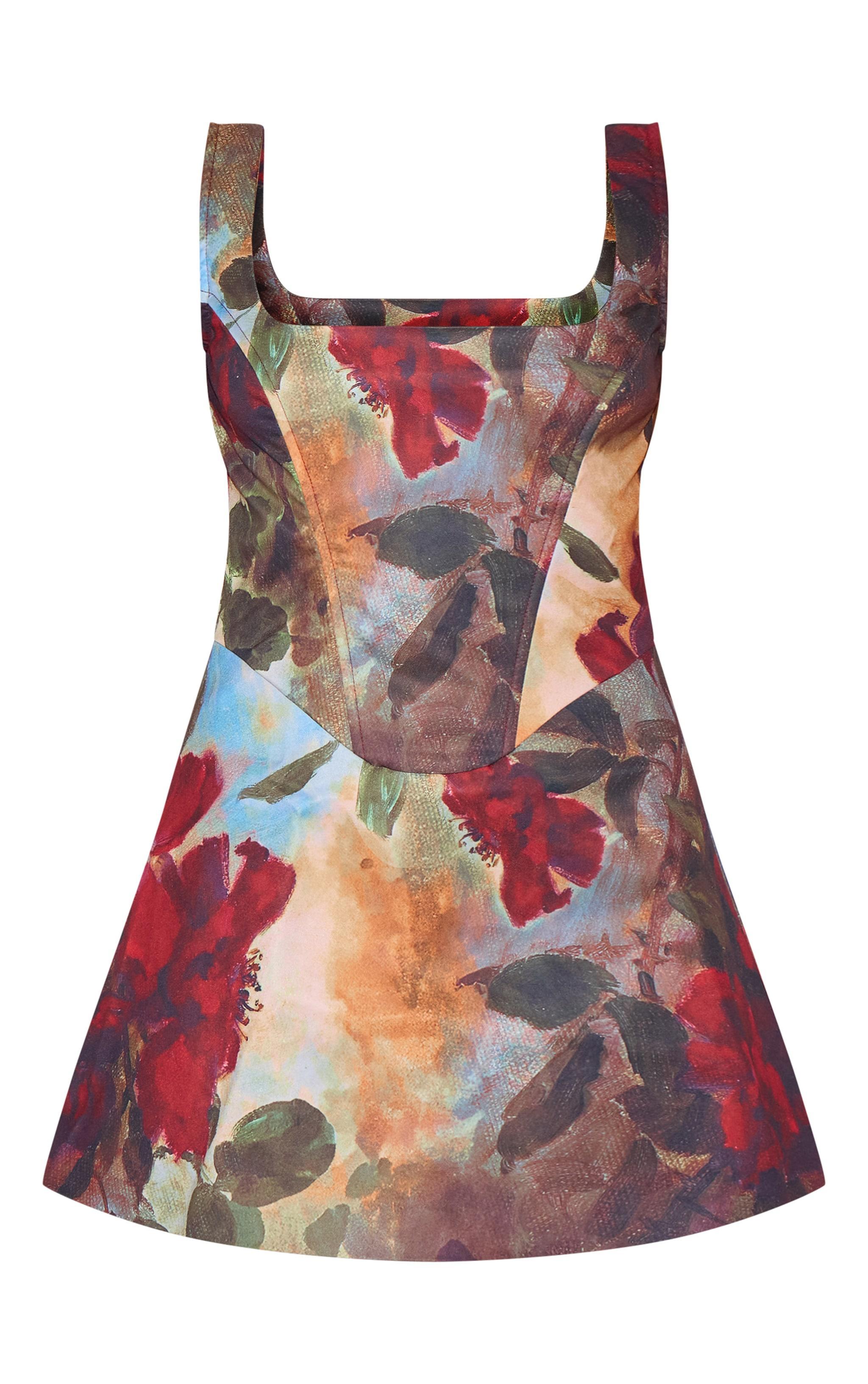 Dark Red Floral Corset A Line Shift Dress Product Image