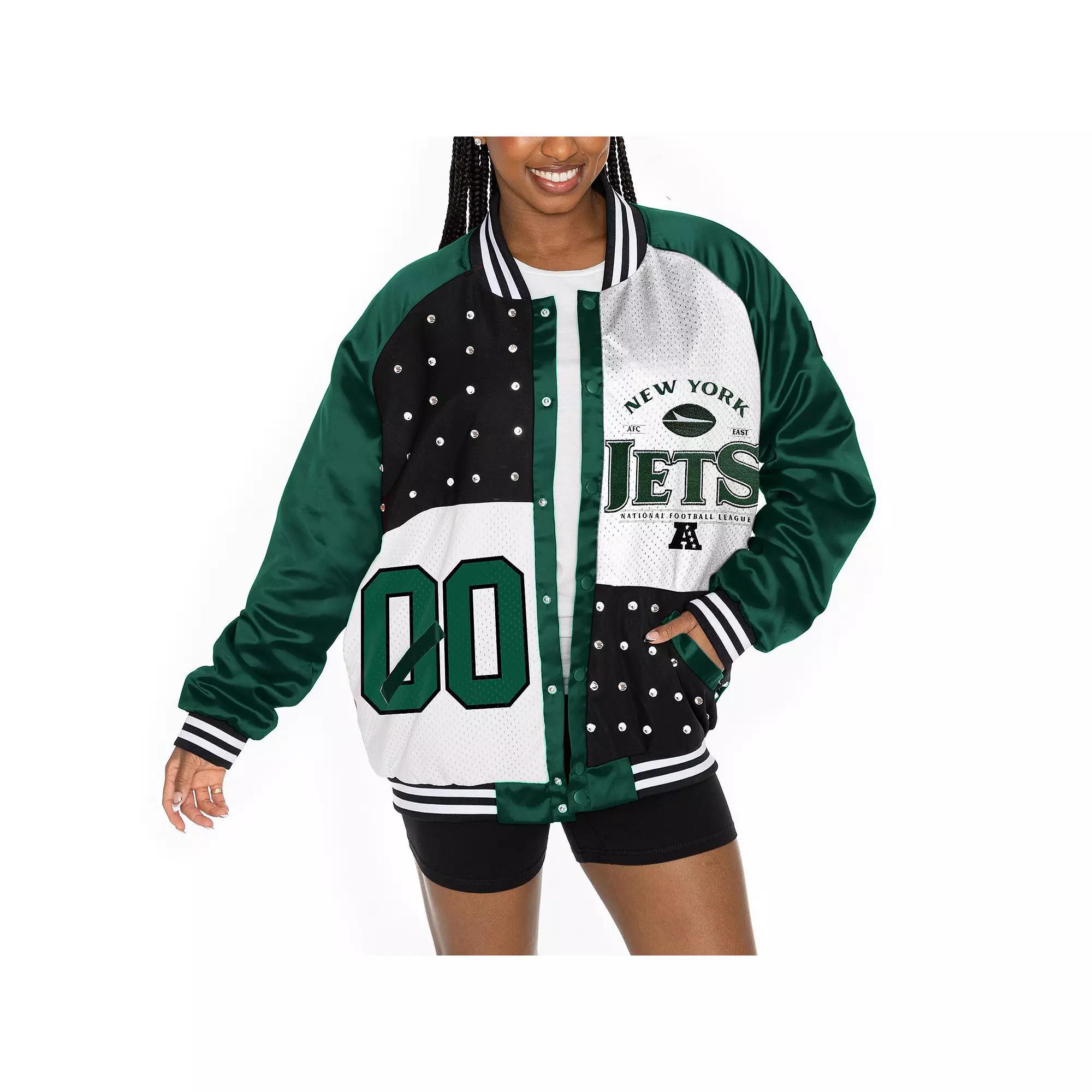 Women's Gameday Couture  Green/White New York Jets Oversized Hot Shot Rhinestone Throwback Full-Snap Varsity Bomber Jacket, Size: Medium Product Image