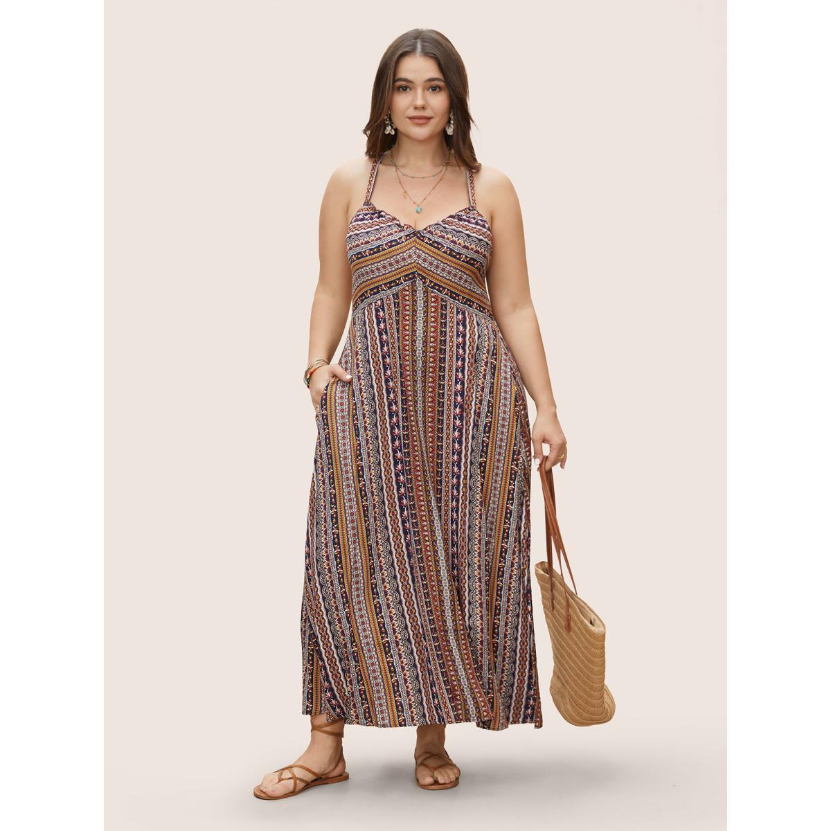 Plus Size Boho Print Elastic Waist Split Hem Cami Dress Navy Women Boho Non V-neck Sleeveless Curvy BloomChic 14-16/1X Product Image