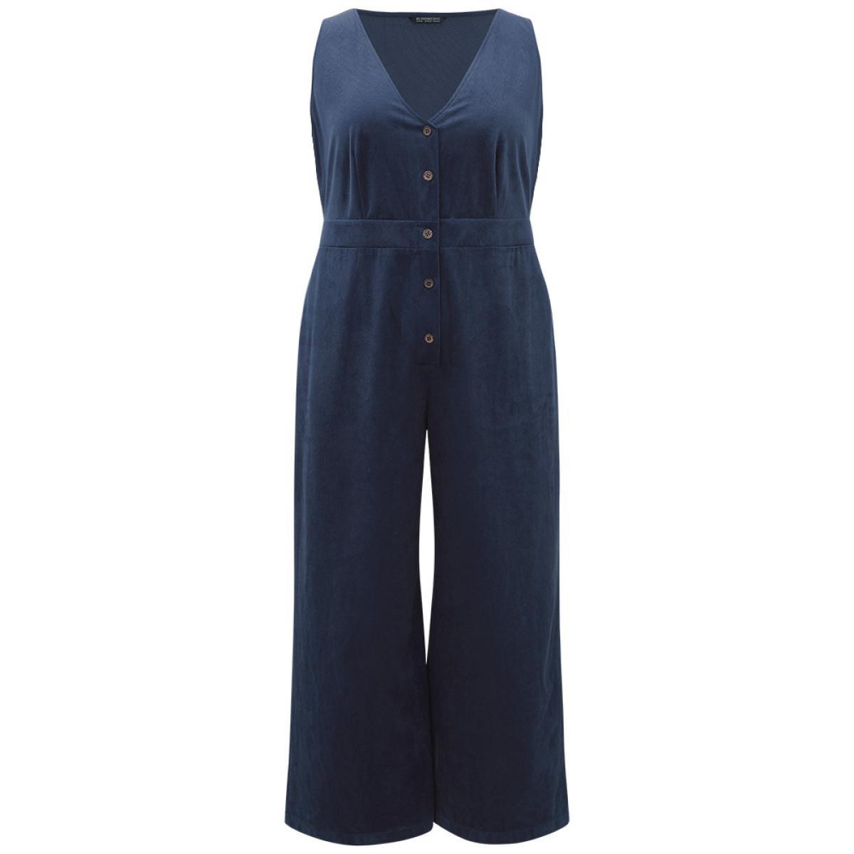 Plus Size DarkBlue Solid Button Through Pocket Tank Jumpsuit Women Elegant Sleeveless V-neck Dailywear Loose Jumpsuits BloomChic 14-16/1X Product Image