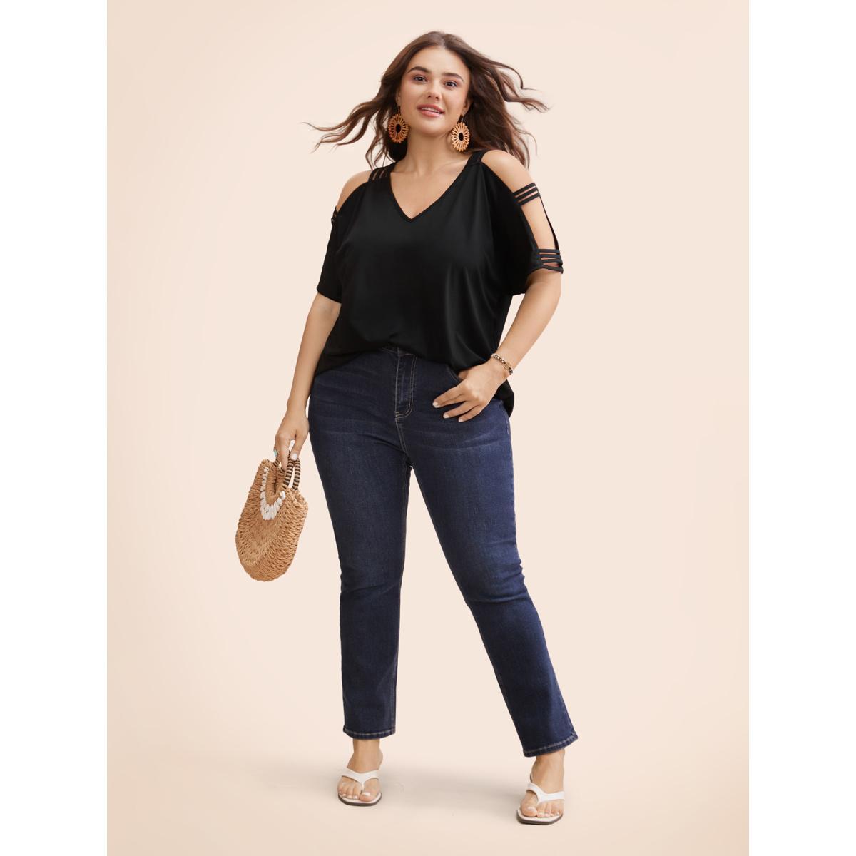 Plus Size Solid Cut Out Batwing Sleeve T-shirt Black Women Resort Cut-Out Plain V-neck Vacation T-shirts BloomChic 30/6X Product Image