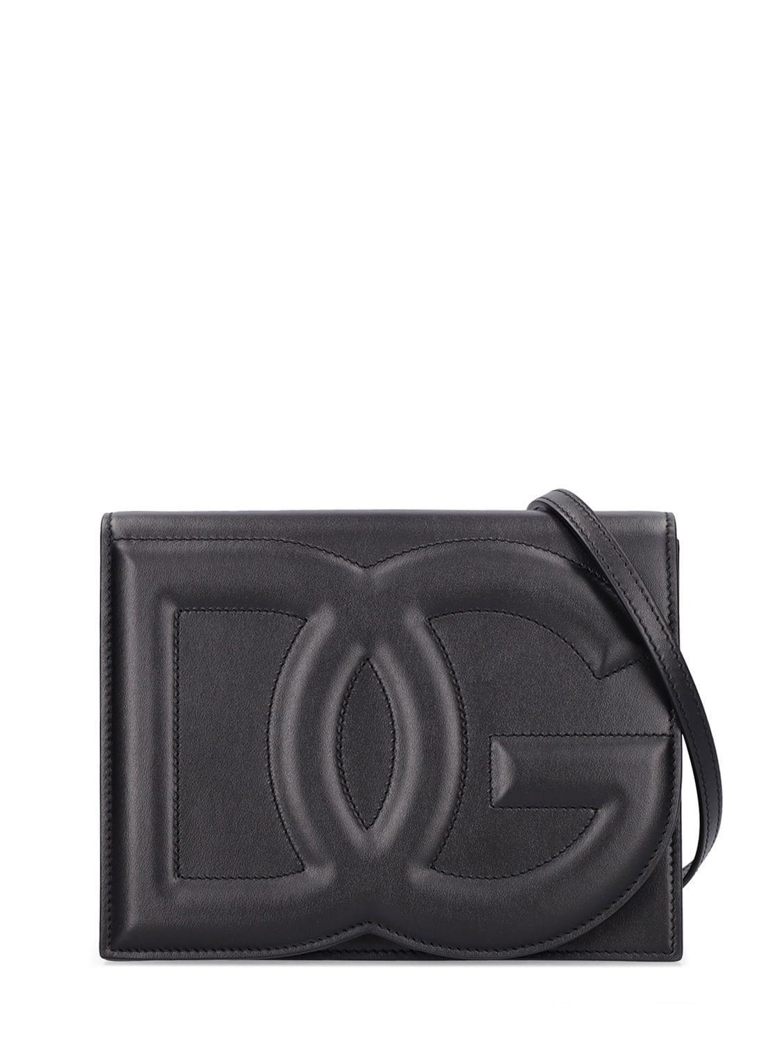 DOLCE & GABBANA Black Calfskin Shoulder Bag With Embossed Logo And Adjustable Strap Product Image