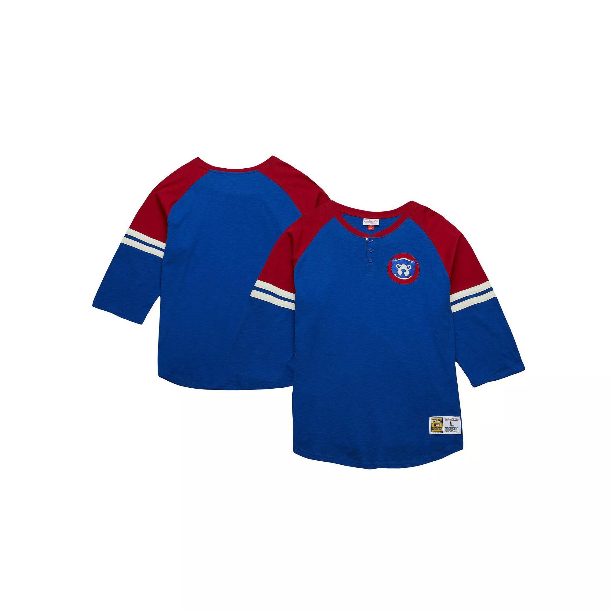 Men's Mitchell & Ness Royal Chicago Cubs Cooperstown Collection Legendary Raglan Slub Henley Three-Quarter Sleeve T-Shirt,  Product Image