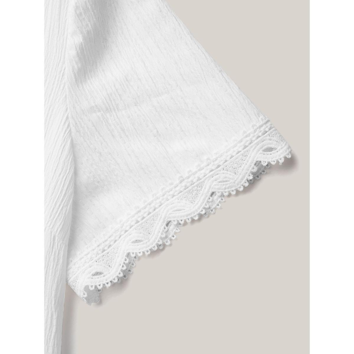 Plus Size Beige Scalloped Lace Textured Sheer Flared Shirt Women Leisure Short sleeve V-neck Casual Blouses BloomChic 28/5X Product Image