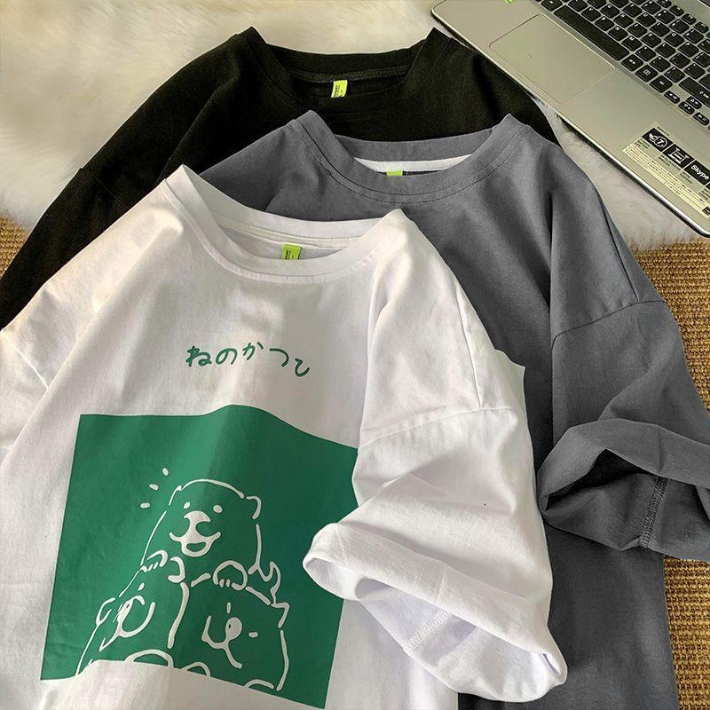 Short-Sleeve Crew Neck Cartoon Print T-Shirt Product Image