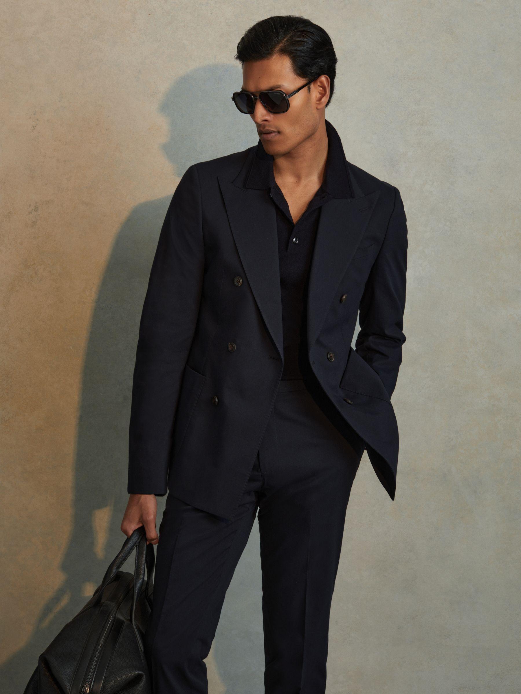 Double Breasted Cotton Blend Blazer in Navy Product Image