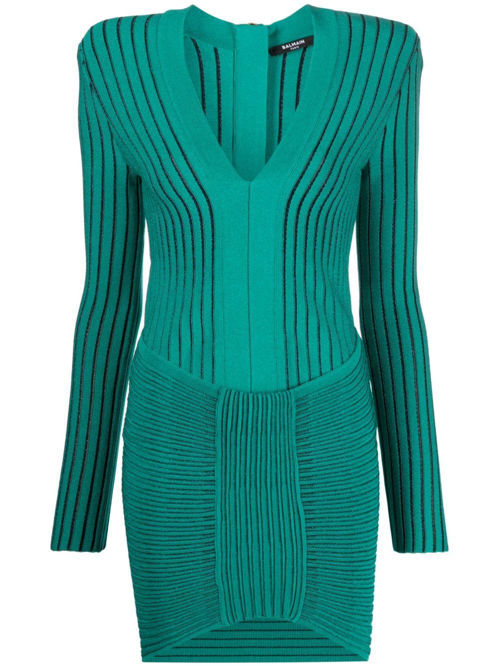 BALMAIN Metallic Ribbed-knit Mini Dress In Green Product Image