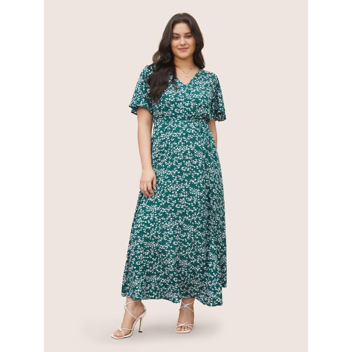 Plus Size Bloom Dress - Flutter Sleeve Ditsy Floral Pocket Split Maxi Dress LightGreen Women Romantic Slit V-neck Half Sleeve Curvy Long Dress BloomChic 10/M Product Image