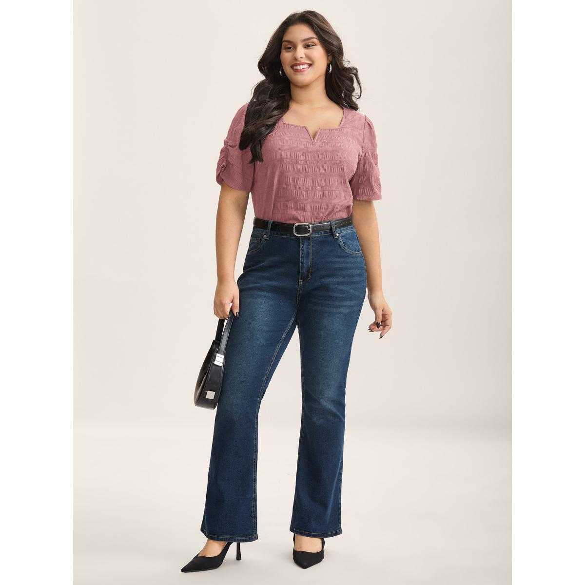 Plus Size Rouge Textured Gathered Sleeve Split Neck Blouse Women Office Short sleeve Asymmetrical Neck Office Blouses BloomChic 30/6X Product Image