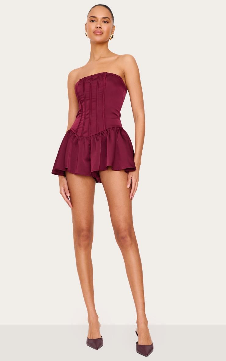 Burgundy Satin Corset Detail Bandeau Romper Product Image