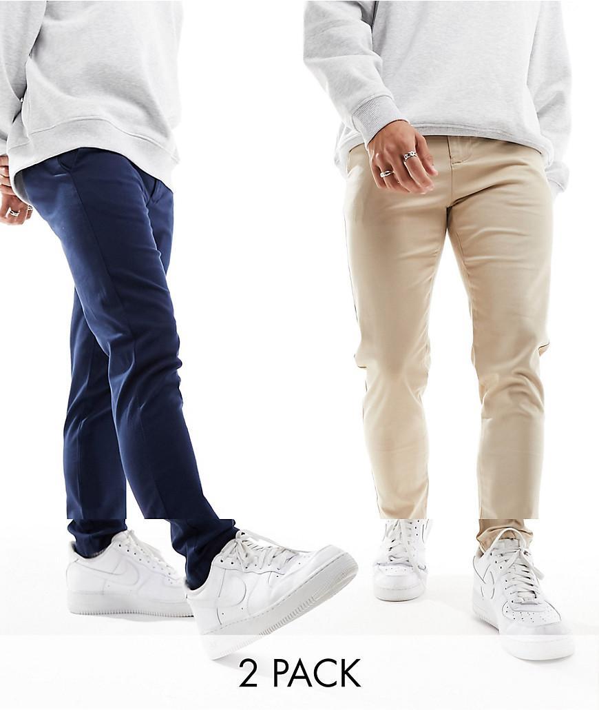 ASOS DESIGN 2 pack skinny chinos in navy and stone Product Image