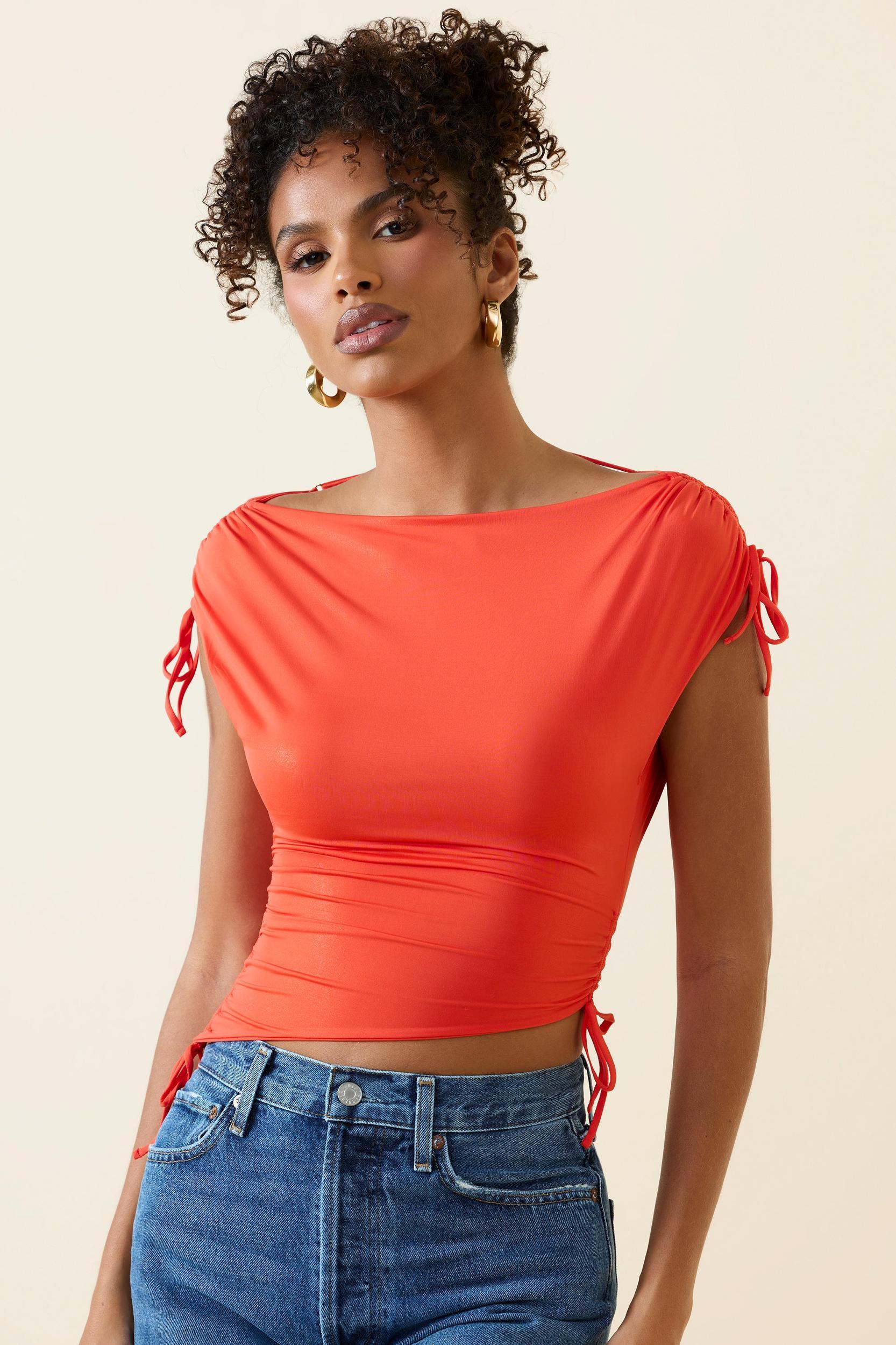 Asymmetric Ruched Cowl-Back Crop Top in Scarlet Female Product Image