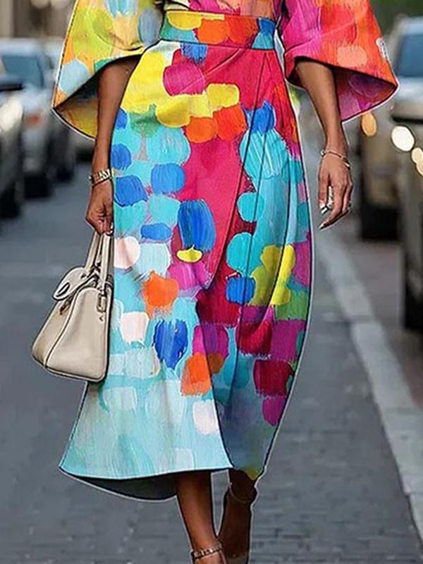 Loose Asymmetric Split-Joint Tied Waist Round-Neck Midi Dresses Product Image