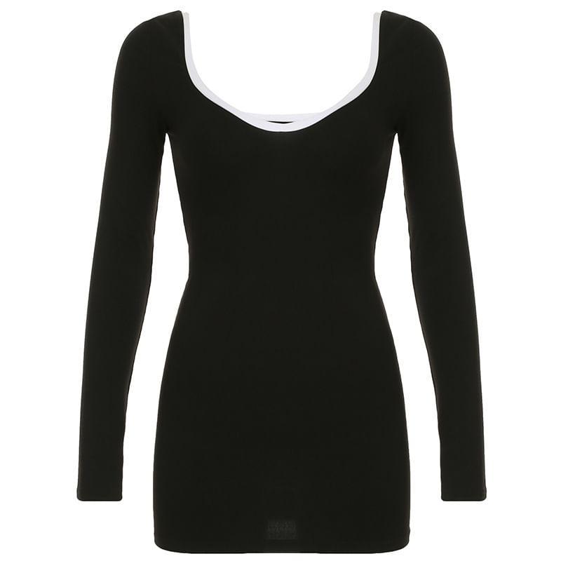 Long Sleeve Sweetheart Neckline Contrast-Trim Slim-Fit Mini Bodycon Dress Product Image