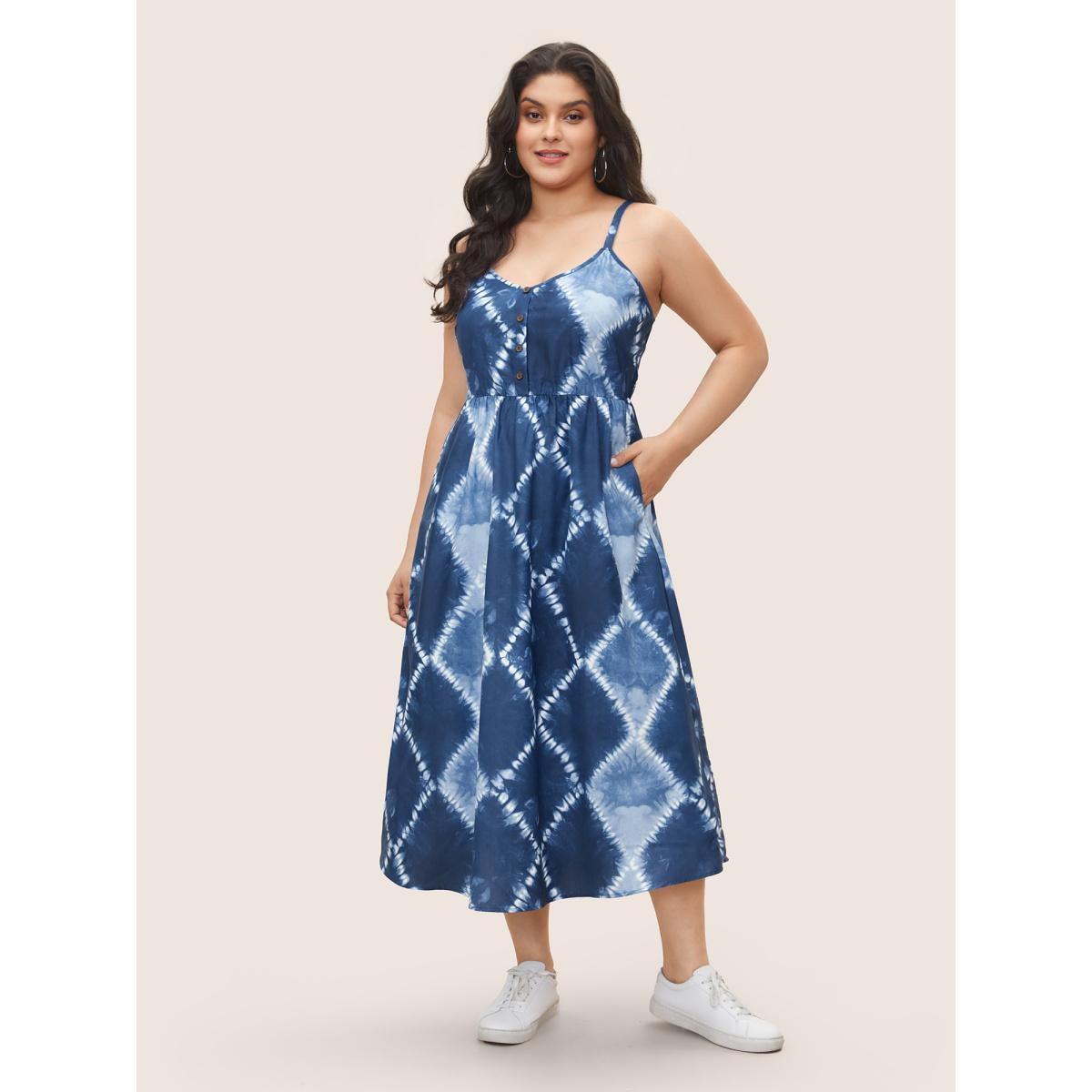 Plus Size Tie Dye Button Detail Cami Dress DarkBlue Women Casual Non Sleeveless Curvy Midi Dress BloomChic 30/6X Product Image