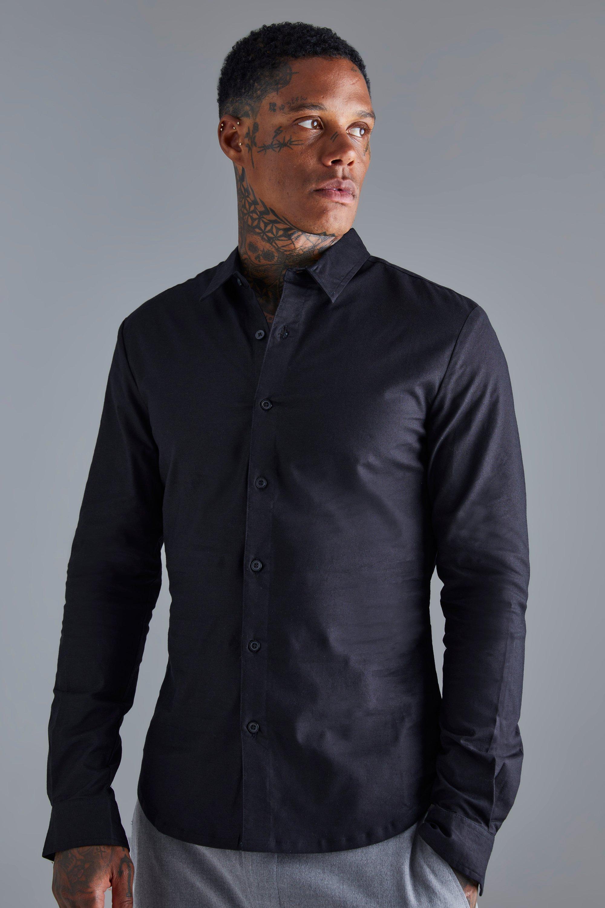 Mens Black Long Sleeve Stretch Fit Shirt, Black Product Image